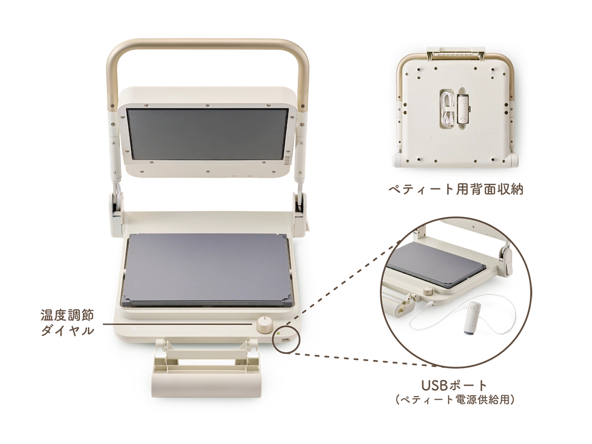 温度調節ダイヤル、ぺティート用背面収納、USBポート(ペティート電源供給用)