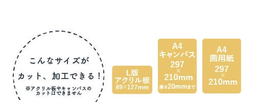 こんなサイズがカット、加工できる！　アクリル板やキャンバスのカットはできません