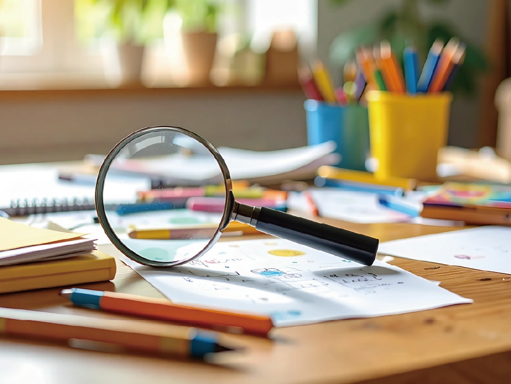 机の上に虫眼鏡が置いてある画像