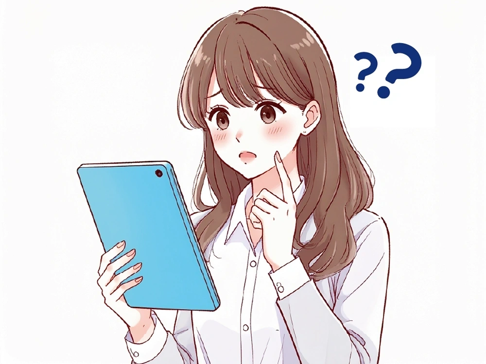 タブレットを見ながら疑問を抱く人物のイラスト。頭上にクエスチョンマーク。