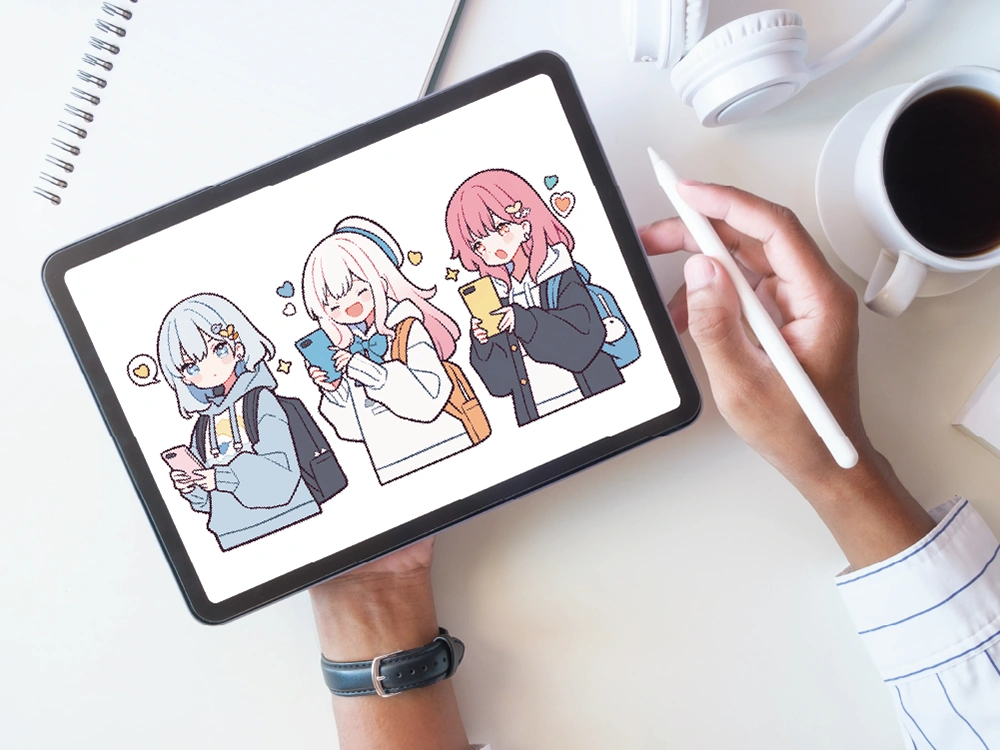 iPadに表示されたアニメ風キャラクター3人のデジタルイラストを手が持っている様子。