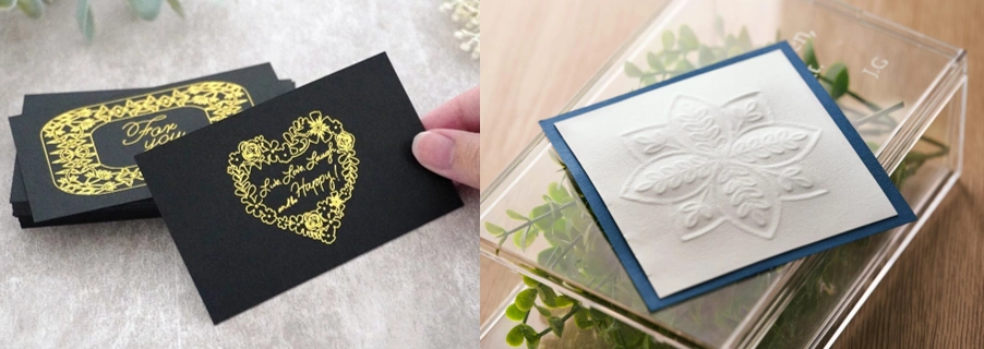 箔押しで作ったカードとエンボス加工の作品